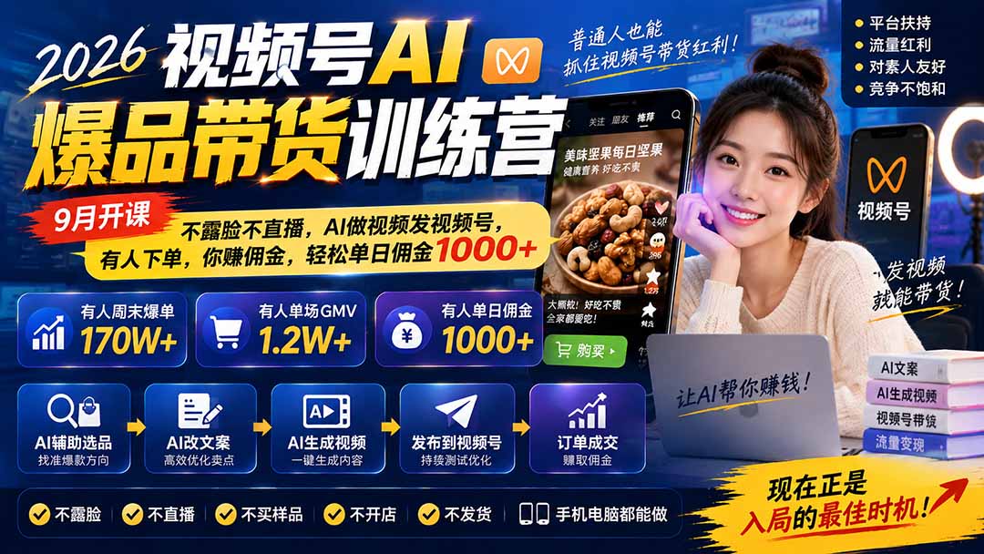 2026视频号AI爆品带货训练营-9月开课|不露脸不直播,AI做视频发视频号,有人下单,你赚佣金,轻松单日佣金1000+-橙心云网创