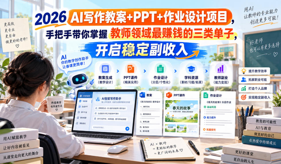 2026 AI写作教案+PPT+作业设计项目，手把手带你掌握教师领域最賺钱的三类单子，开启稳定副收入-橙心云网创