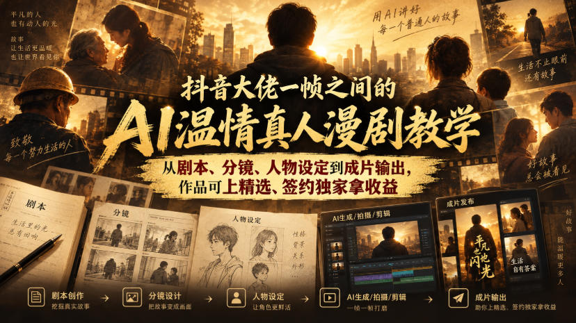 抖音大佬一帧之间的AI温情真人漫剧教学，从剧本、分镜、人物设定到成片输出，作品可上精选、签约独家拿收益-橙心云网创