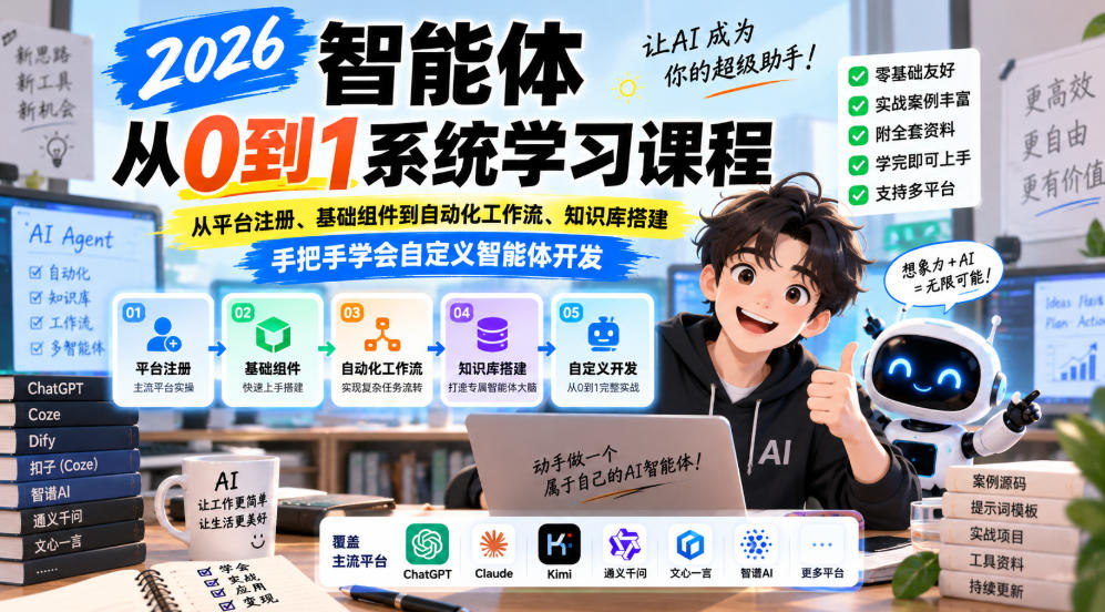 2026智能体从0到1系统学习课程，从平台注册、基础组件到自动化工作流、知识库搭建，手把手学会自定义智能体开发-橙心云网创