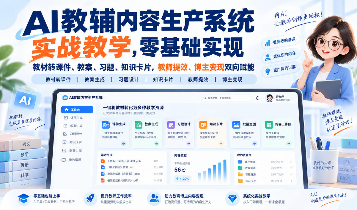 AI教辅内容生产系统实战教学,零基础实现教材转课件、教案、习题、知识卡片,教师提效、博主变现双向赋能-橙心云网创