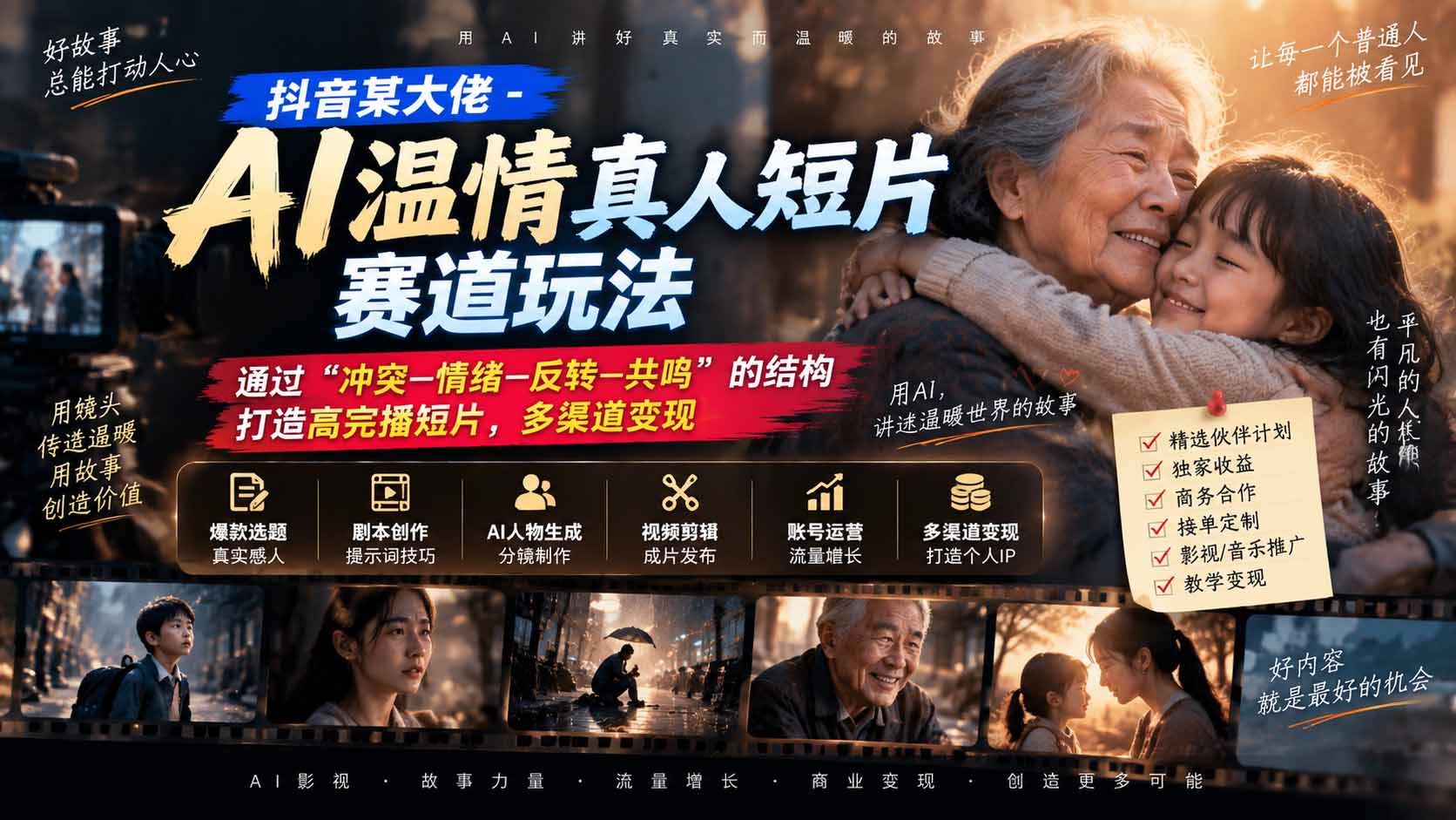 抖音某大佬-AI温情真人短片赛道玩法：通过“冲突—情绪—反转—共鸣”的结构打造高完播短片，多渠道变现-橙心云网创