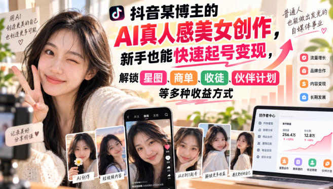 抖音某博主的AI真人感美女创作，新手也能快速起号变现，解锁星图，商单，收徒，伙伴计划等多种收益方式-橙心云网创