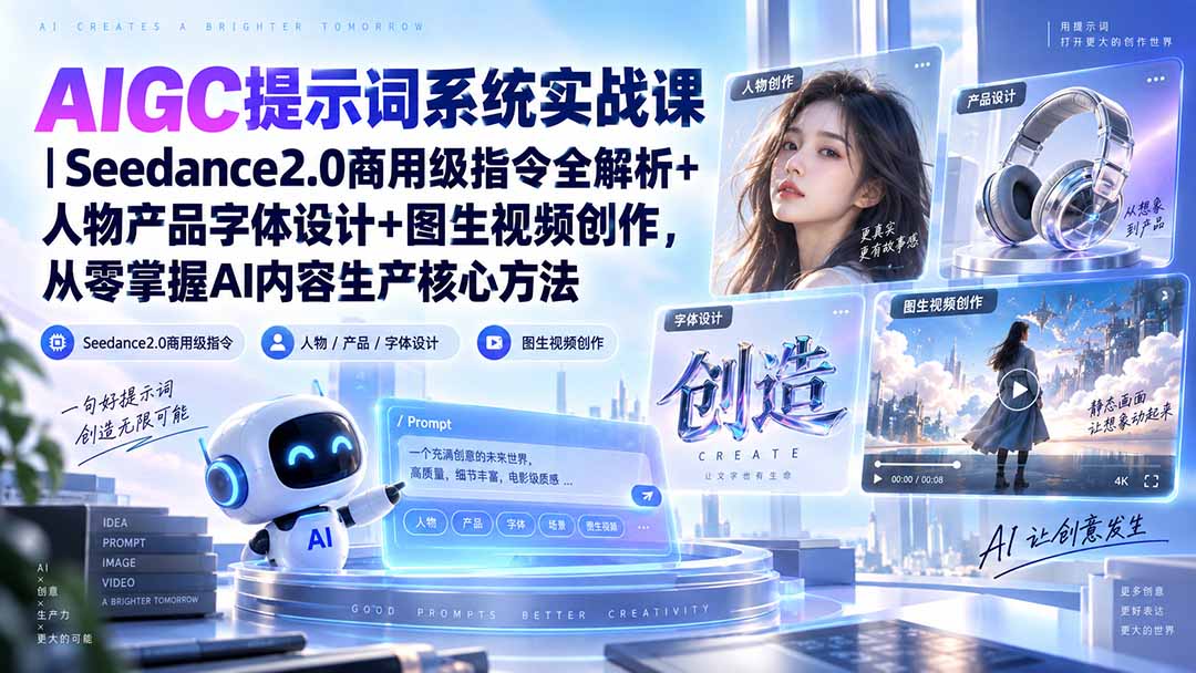 AIGC提示词系统实战课-无水印｜Seedance2.0商用级指令全解析+人物产品字体设计+图生视频创作，掌握AI内容生产方法-橙心云网创