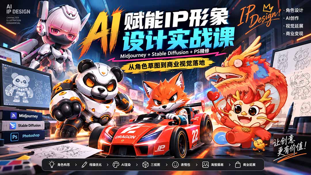 AI赋能IP形象设计实战课-无水印：Midjourney+Stable Diffusion+PS精修，从角色草图到商业视觉落地-橙心云网创