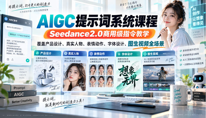 AIGC提示词系统课程，Seedance2.0商用级指令教学，覆盖产品设计、真实人物、表情动作、字体设计、图生视频全场景-橙心云网创