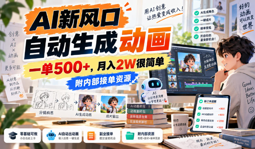 AI新风口，自动生成动画，一单500+，月入2W很简单，附内部接单资源【揭秘】-橙心云网创