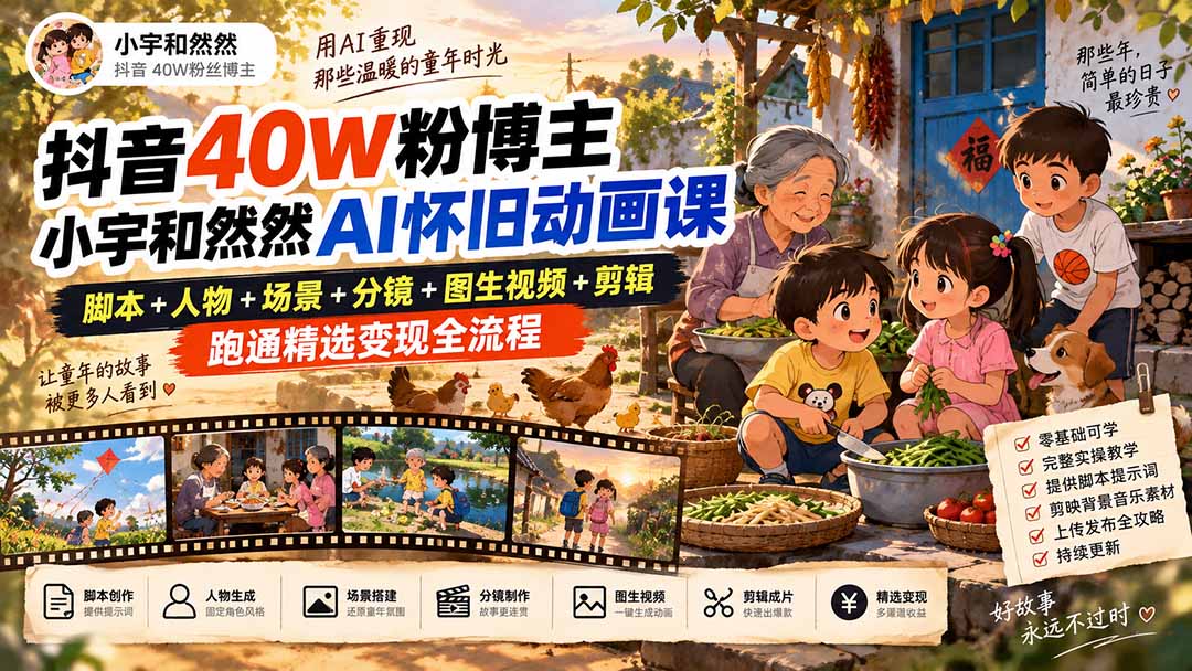 抖音40W粉博主小宇和然然AI怀旧动画课｜脚本+人物+场景+分镜+图生视频+剪辑，跑通精选变现全流程-橙心云网创