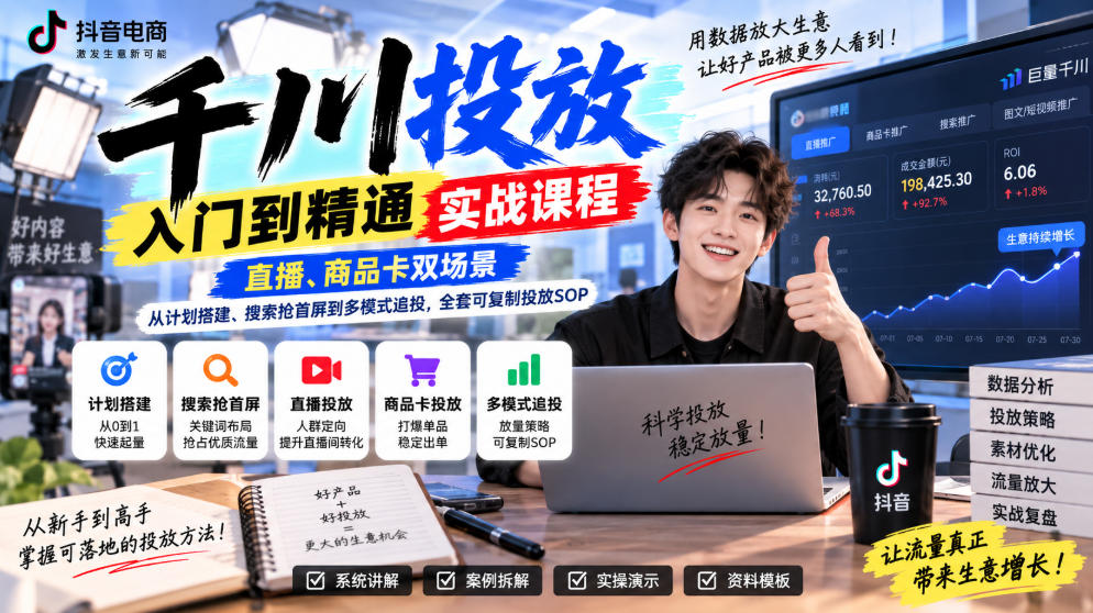 千川投放入门到精通实战课程，直播、商品卡双场景，从计划搭建、搜索抢首屏到多模式追投，全套可复制投放SOP-橙心云网创