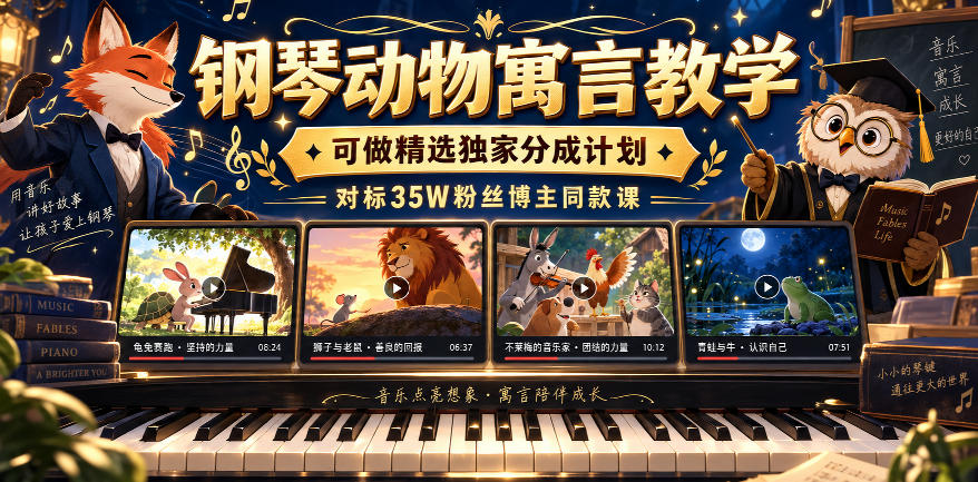 钢琴动物寓言教学，可做精选独家分成计划，对标35W粉丝博主同款课-橙心云网创