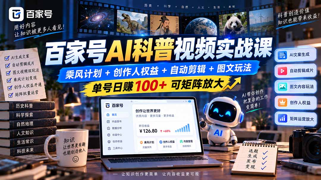 百家号AI科普视频实战课：乘风计划+创作人权益+自动剪辑+图文玩法，单号日赚100+可矩阵放大-橙心云网创