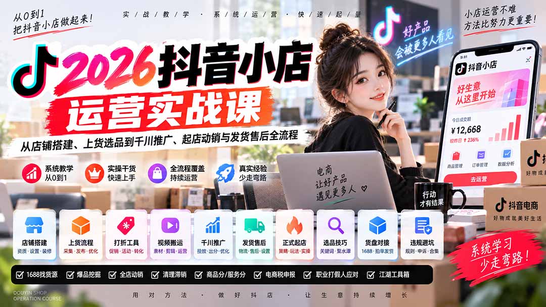 2026抖音小店运营实战课｜从店铺搭建、上货选品到千川推广、起店动销与发货售后全流程-橙心云网创