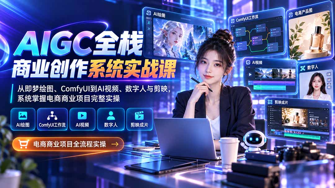 AIGC全栈商业创作系统实战课-无水印：从即梦绘图、ComfyUI到AI视频、数字人与剪映，系统掌握电商商业项目完整实操-橙心云网创