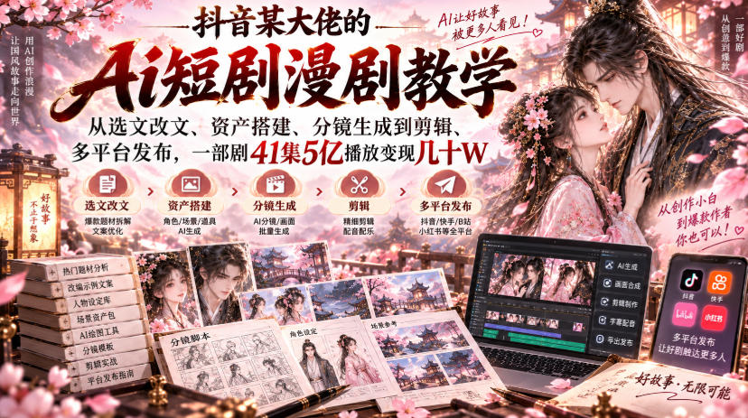 抖音某大佬的Ai短剧漫剧教学，从选文改文、资产搭建、分镜生成到剪辑、多平台发布，一部剧41集5亿播放变现几十W-橙心云网创