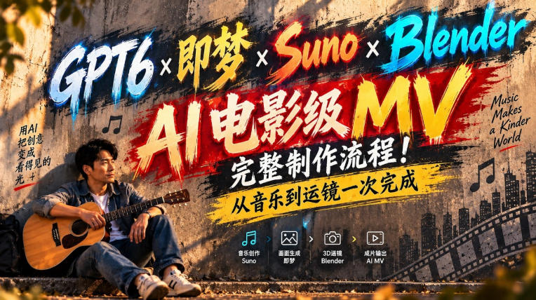 GPT6×即梦×Suno×Blender｜AI电影级MV完整制作流程！从音乐到运镜一次完成！-橙心云网创