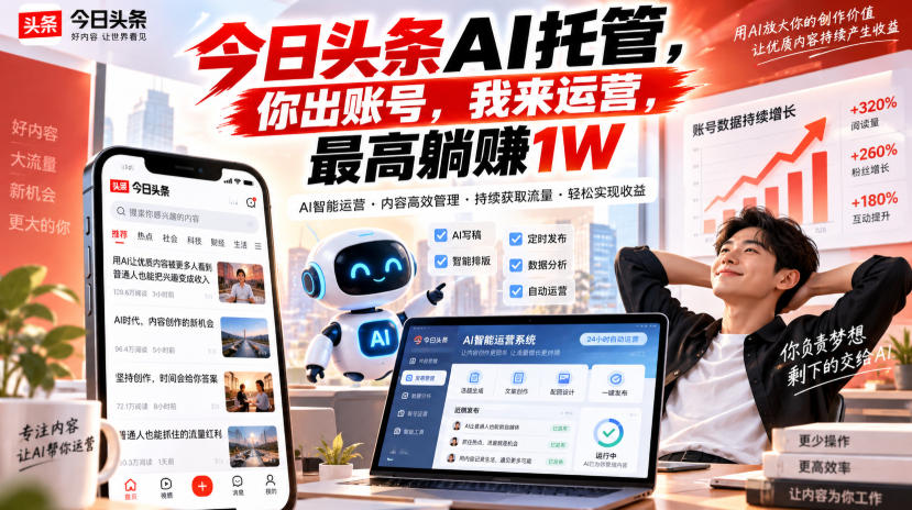 今日头条AI托管，你出账号，我来运营，最高躺賺1W【揭秘】-橙心云网创