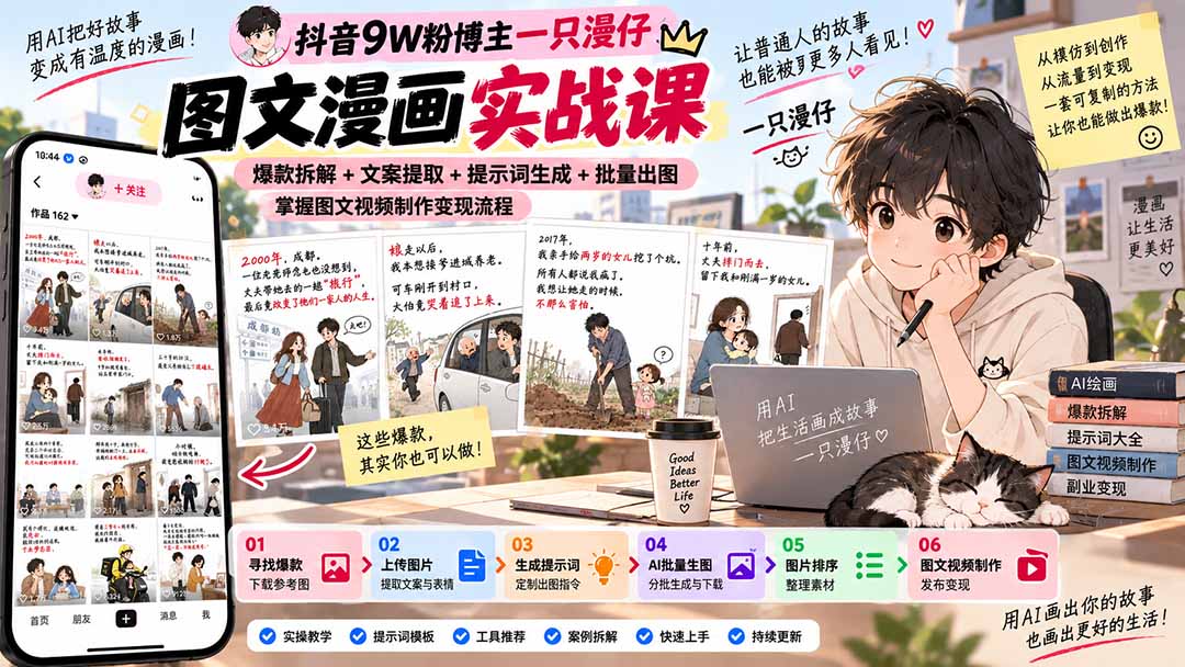抖音9W粉博主一只漫仔图文漫画课：爆款拆解+文案提取+提示词生成+批量出图，掌握图文视频制作变现流程-橙心云网创