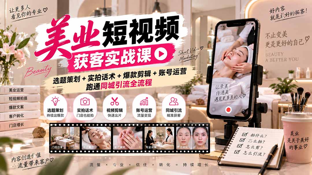 美业短视频获客实战课-无水印：选题策划+实拍话术+爆款剪辑+账号运营，跑通同城引流全流程-橙心云网创
