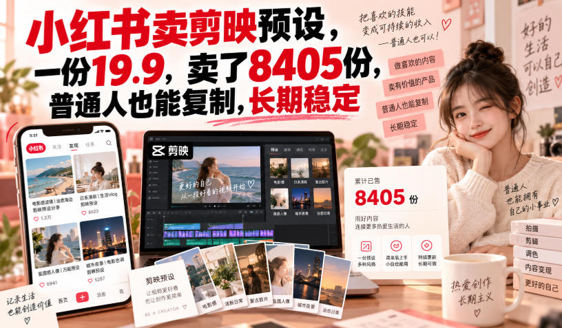 小红书卖剪映预设，一份19.9，卖了8405份，普通人也能复制，长期稳定-橙心云网创