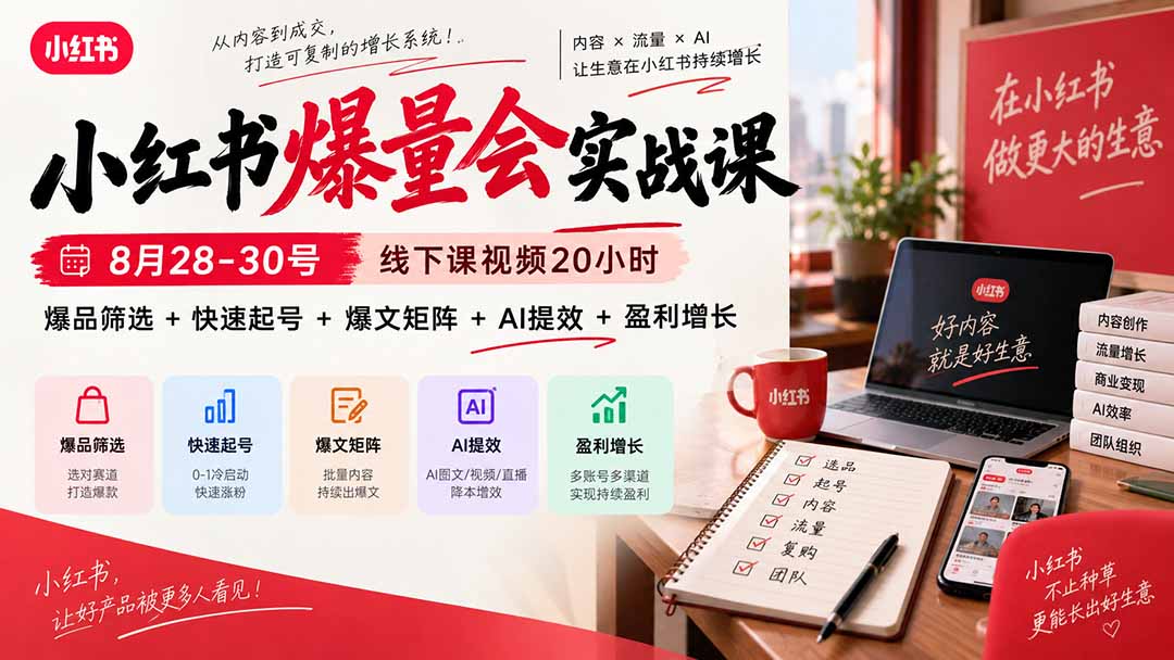 小红书爆量会实战课-更新9月23:线下课视频20小时,爆品筛选+快速起号+爆文矩阵+AI提效+盈利增长-橙心云网创