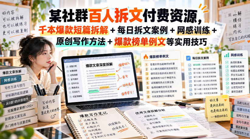某社群百人拆文付费资源,千本爆款短篇拆解+每日拆文案例+网感训练+原创写作方法+爆款榜单例文等实用技巧(持续更新)-橙心云网创