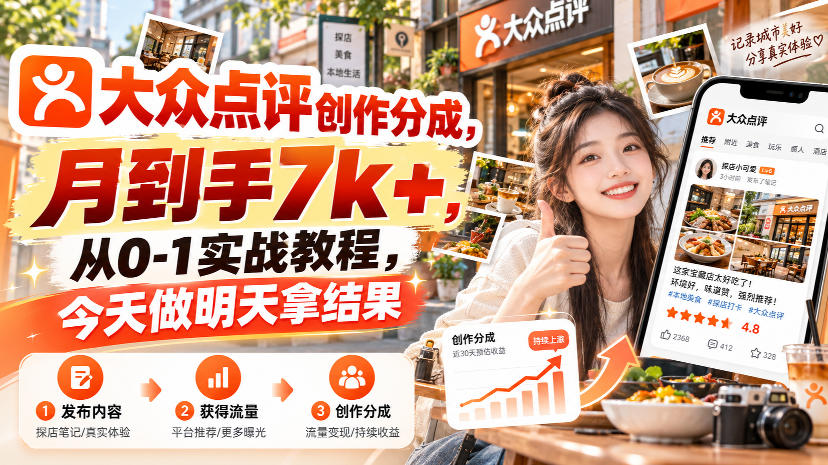 大众点评创作分成,月到手7k+,从0-1实战教程,今天做明天拿结果-橙心云网创