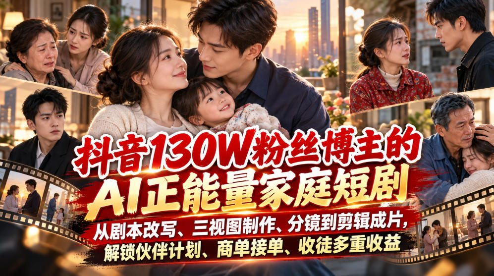 抖音130W粉丝博主的AI正能量家庭短剧，从剧本改写、三视图制作、分镜到剪辑成片，解锁伙伴计划、商单接单、收徒多重收益