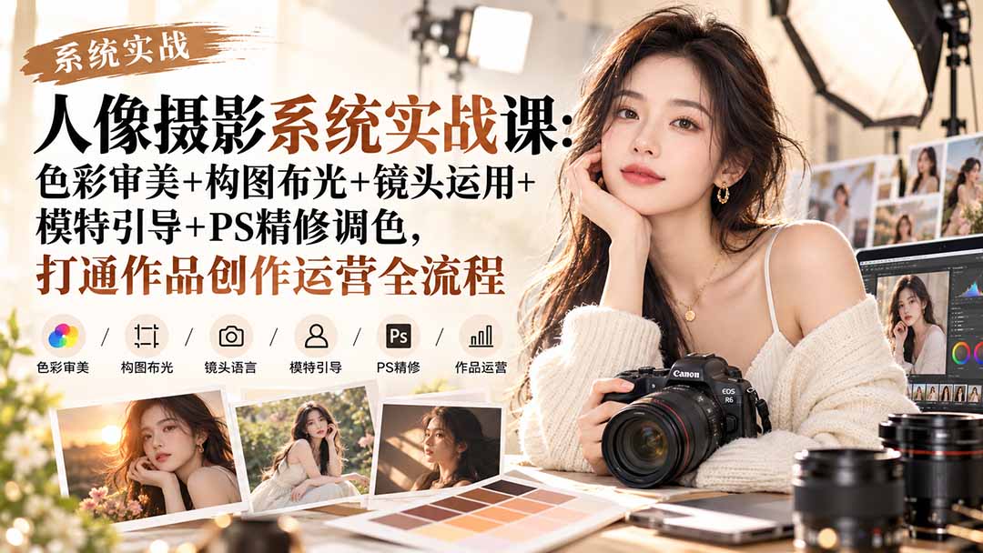 【无水印】人像摄影系统实战课:色彩审美+构图布光+镜头运用+模特引导+PS精修调色,打通作品创作运营全流程-橙心云网创
