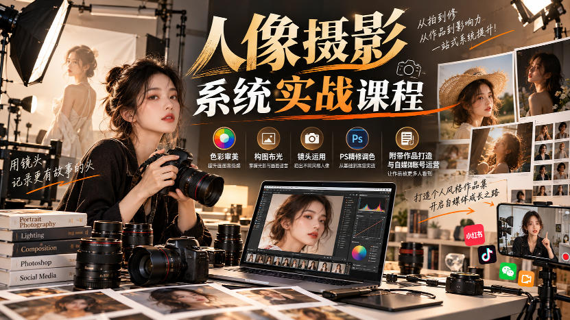 【无水印】人像摄影系统实战课程,色彩审美、构图布光、镜头运用、PS精修调色,附带作品打造与自媒体账号运营-橙心云网创