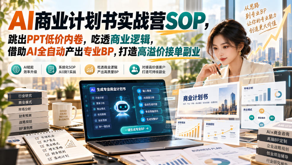 AI商业计划书实战营SOP,跳出PPT低价内卷,吃透商业逻辑,借助AI全自动产出专业BP,打造高溢价接单副业-橙心云网创