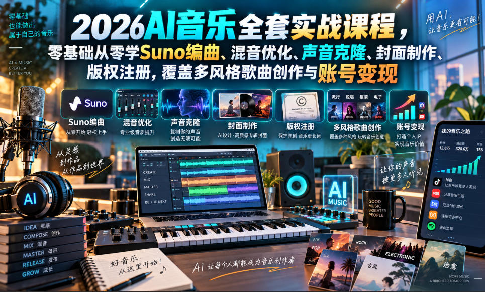 2026AI音乐实战课程,零基础从零学Suno编曲、混音优化、声音克隆、版权注册,覆盖多风格歌曲创作与账号变现(更新0924)-橙心云网创