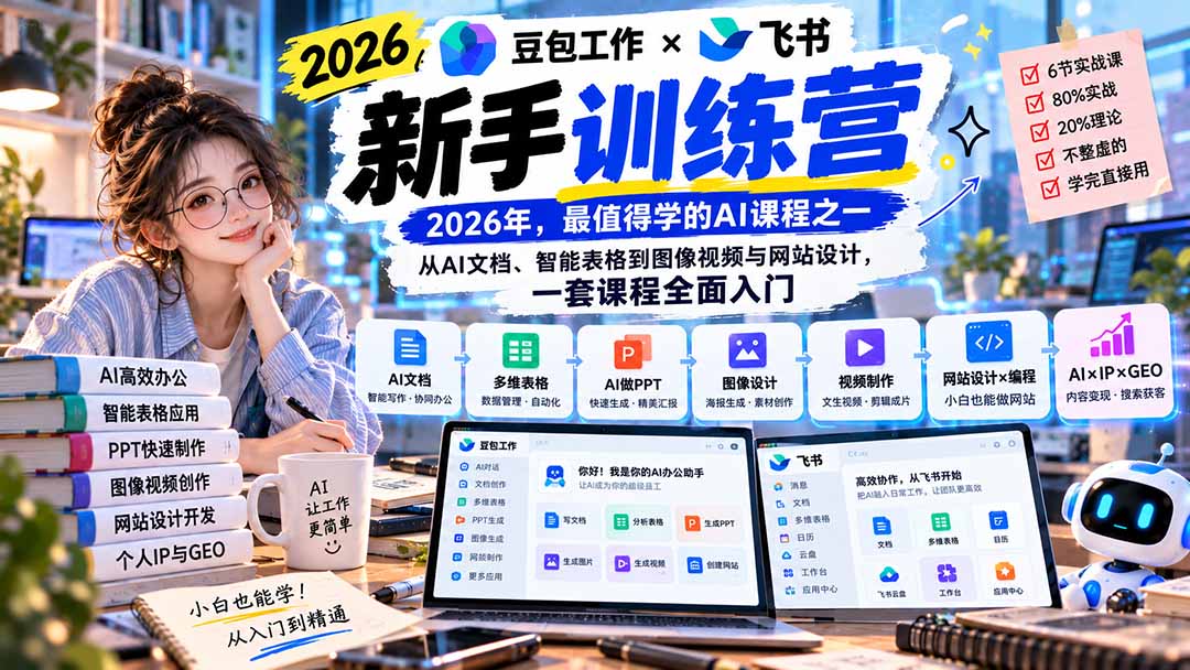 2026豆包工作+飞书新手训练营-9月新课：从AI文档、智能表格到图像视频与网站设计，一套课程全面入门-橙心云网创