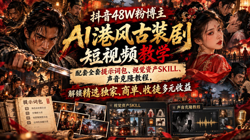 抖音48W粉博主AI港风古装剧短视频教学,配套全套提示词包、视觉资产SKILL、声音克隆教程,解锁精选独家、商单、收徒多元收益-橙心云网创