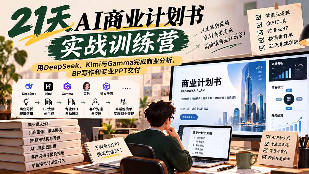 【无水印】21天AI商业计划书实战训练营:用DeepSeek、Kimi与Gamma完成商业分析、BP写作和专业PPT交付-橙心云网创