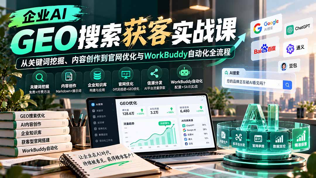 企业AI GEO搜索获客实战课：从关键词挖掘、内容创作到官网优化与WorkBuddy自动化全流程-橙心云网创