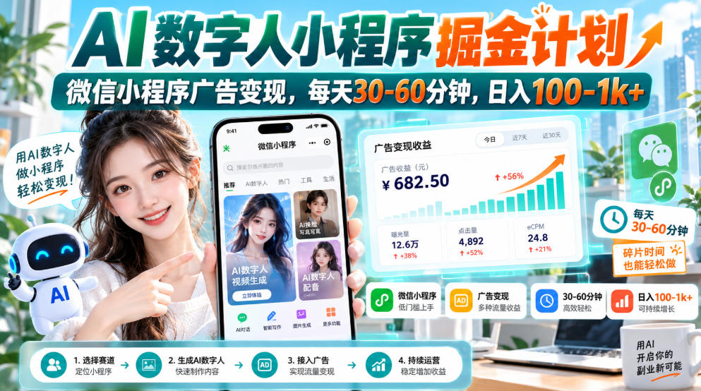 【无水印】AI数字人小程序掘金计划,微信小程序广告变现,每天30‑60分钟,日入100‑1k+-橙心云网创
