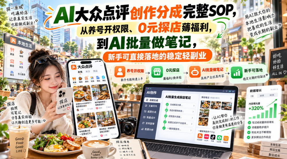 【无水印】AI大众点评创作分成完整SOP,从养号开权限、0元探店薅福利,到AI批量做笔记,新手可直接落地的稳定轻副业-橙心云网创
