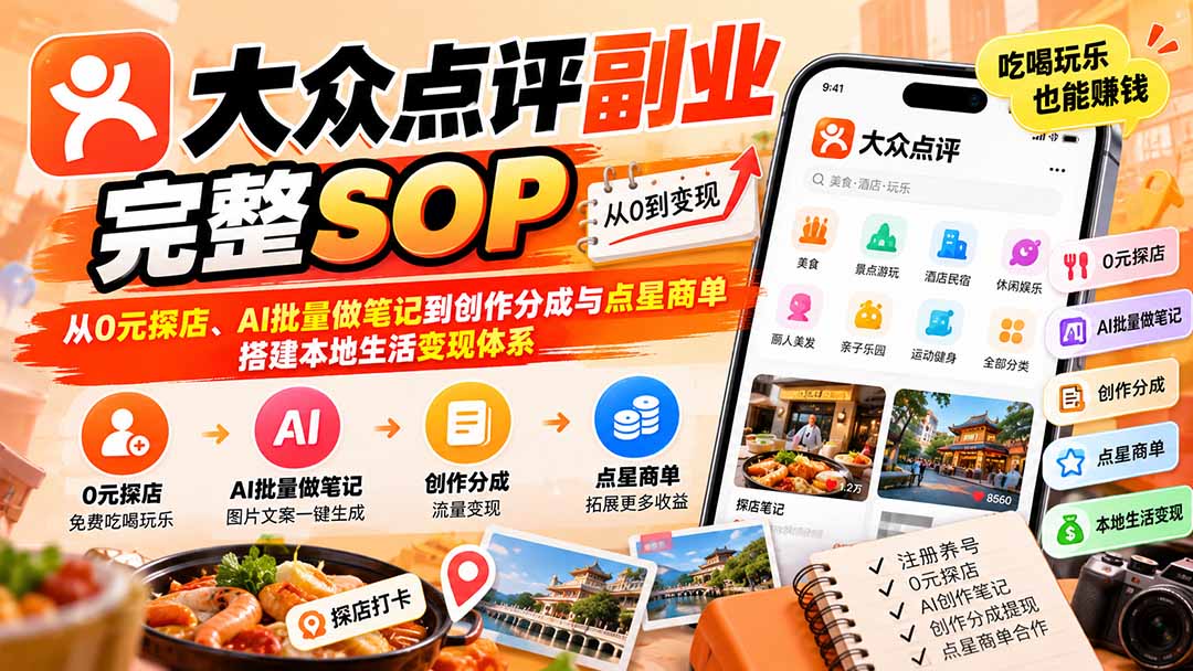 【无水印】大众点评副业完整SOP:从0元探店、AI批量做笔记到创作分成与点星商单,搭建本地生活变现体系-橙心云网创