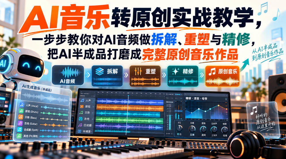 AI音乐转原创实战教学,一步步教你对AI音频做拆解、重塑与精修,把AI半成品打磨成完整原创音乐作品-橙心云网创