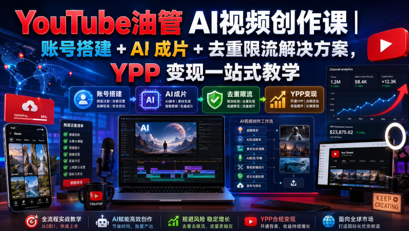 YouTube油管AI视频创作课|账号搭建+AI成片+去重限流解决方案,YPP变现一站式教学(更新0925)-橙心云网创
