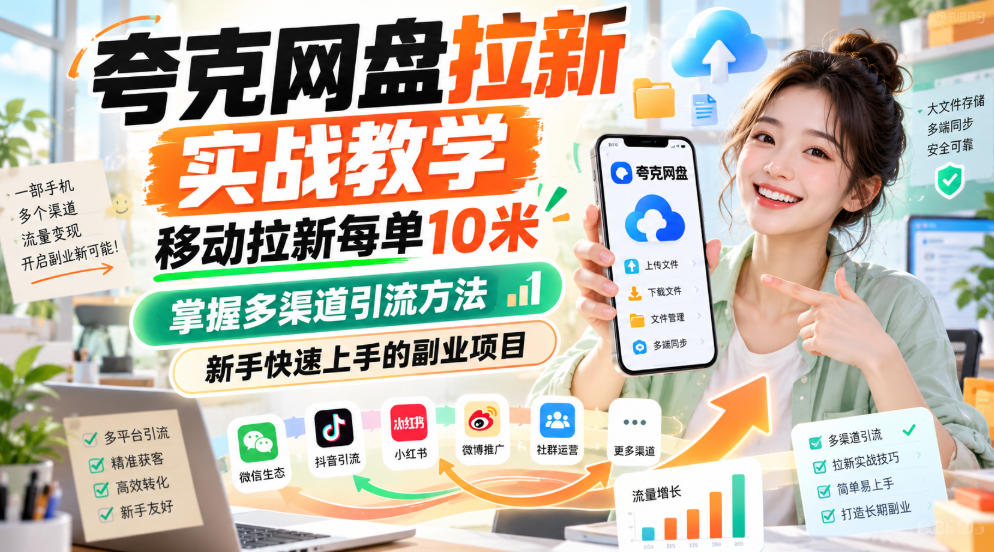 夸克网盘拉新实战教学，移动拉新每单10米，掌握多渠道引流方法，新手快速上手的副业项目-橙心云网创