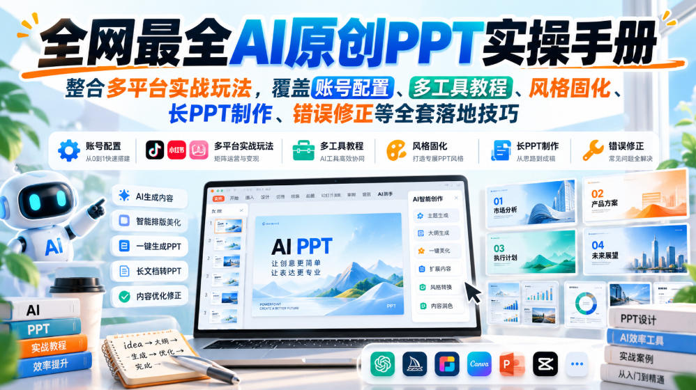 全网最全AI原创PPT实操手册,整合多平台实战玩法,覆盖账号配置、多工具教程、风格固化、长PPT制作、错误修正等全套落地技巧-橙心云网创