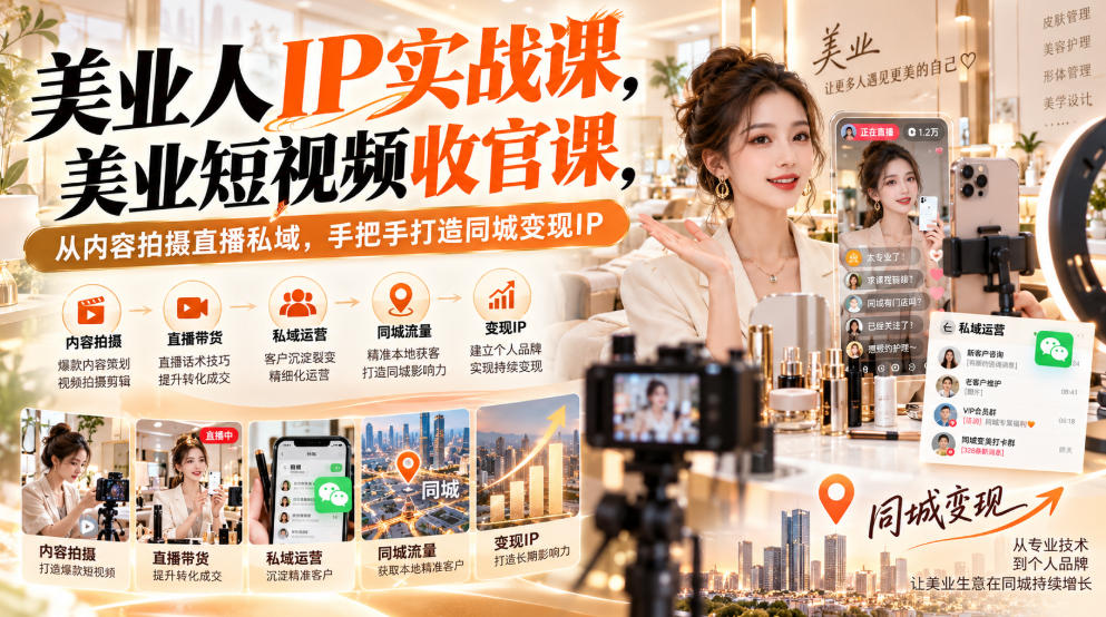 【无水印】美业人IP实战课,美业短视频收官课,从内容拍摄直播私域,手把手打造同城变现IP-橙心云网创