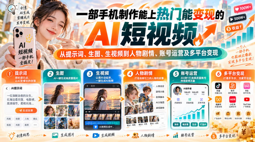 【无水印】一部手机制作能上热门能变现的AI短视频，从提示词、生图、生视频到人物剧情、账号运营及多平台变现-橙心云网创