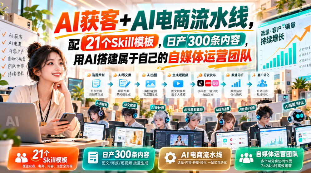 AI获客+AI电商流水线，配21个Skill模板，日产300条内容，用AI搭建属于自己的自媒体运营团队-橙心云网创