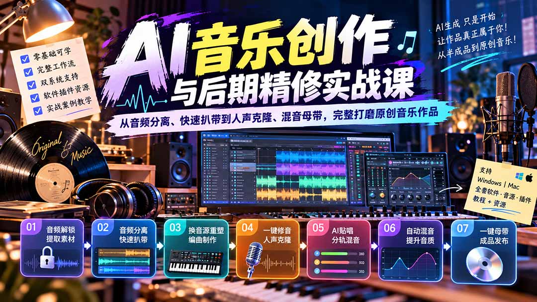 AI音乐创作与后期精修实战课：从音频分离、快速扒带到人声克隆、混音母带，完整打磨原创音乐作品-橙心云网创