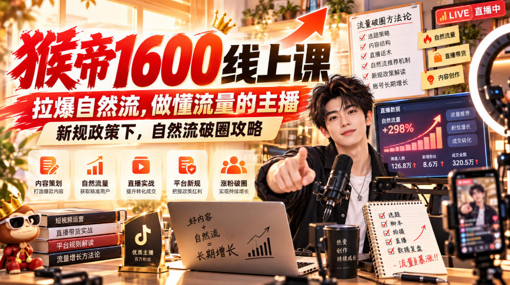 猴帝1600线上课,拉爆自然流,做懂流量的主播,新规政策下,自然流破圈攻略【更新260926】-橙心云网创