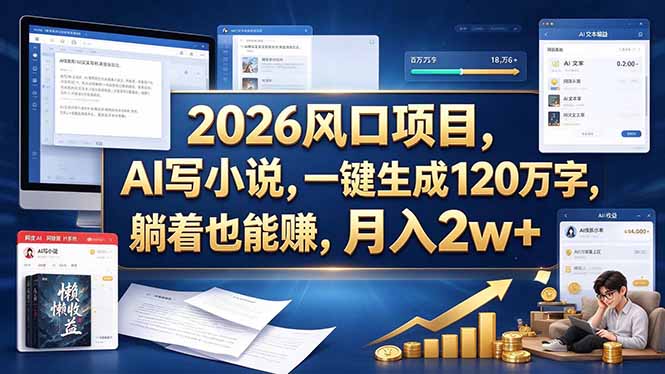 2026 风口项目，AI 写小说，一键生成 120 万字，躺着也能赚，月入 2w +-橙心云网创