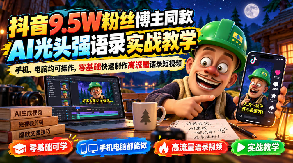 抖音9.5W粉丝博主同款AI光头强语录实战教学，手机、电脑均可操作，零基础快速制作高流量语录短视频-橙心云网创