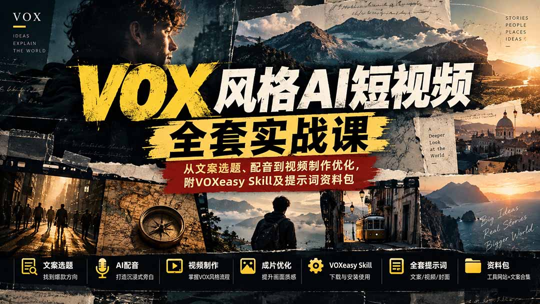 【无水印】VOX风格AI短视频全套实战课：从文案选题、配音到视频制作优化，附VOXeasy Skill及提示词资料包-橙心云网创